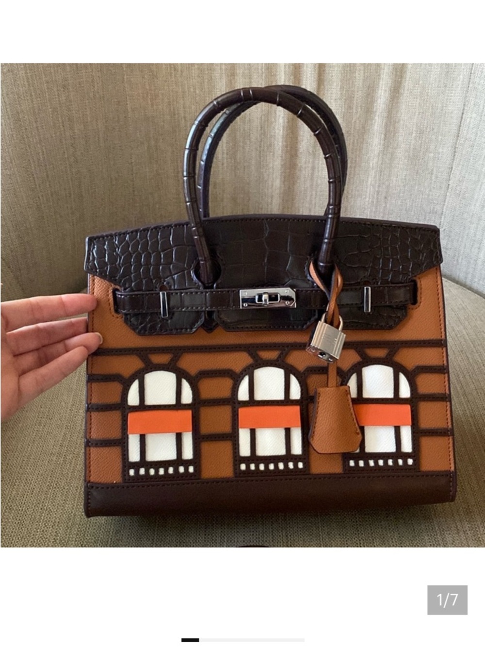 New25cm Cognac Crocodile Mini House Bag,”Silver Lock,Structure&Orange Accent